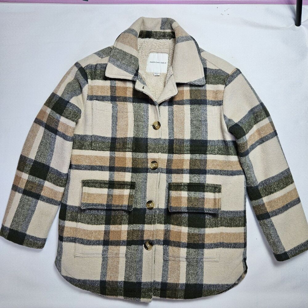 American Eagle Womens Heavy Jacket Shacket XS Brown Green Beige Plaid AZ